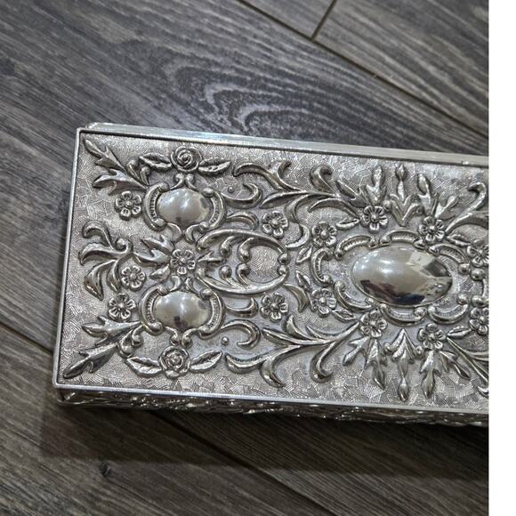 Vintage Ornate Silver-plated Jewelry Box Red Velvet Interior 9 x 4 x 2 Hong Kong - Picture 4 of 12